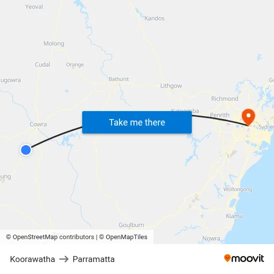 Koorawatha to Parramatta map
