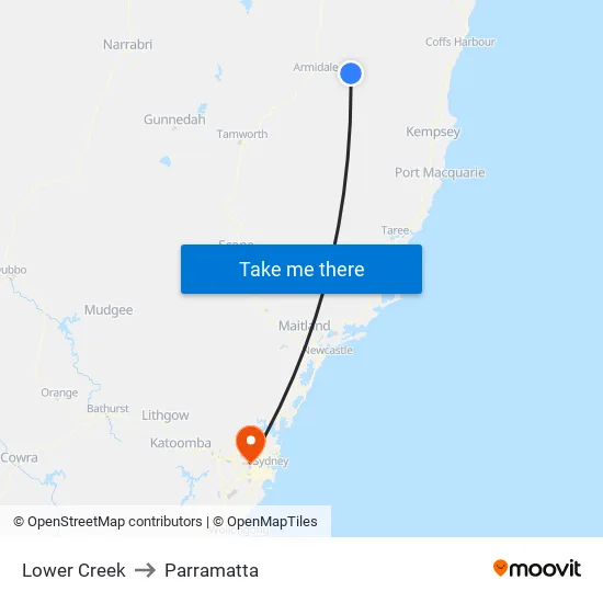Lower Creek to Parramatta map