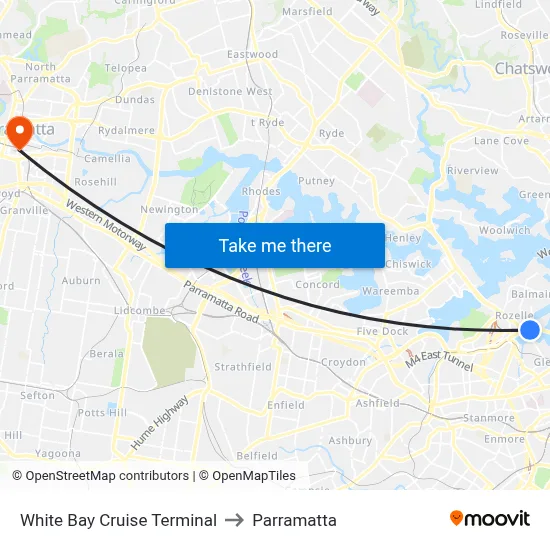 White Bay Cruise Terminal to Parramatta map
