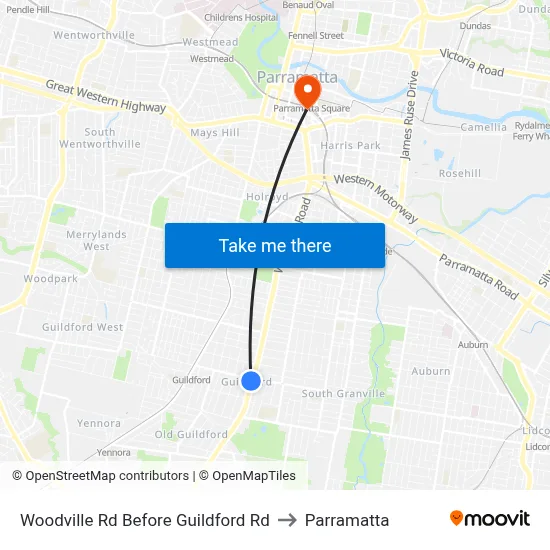 Woodville Rd Before Guildford Rd to Parramatta map