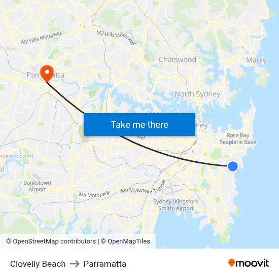 Clovelly Beach to Parramatta map