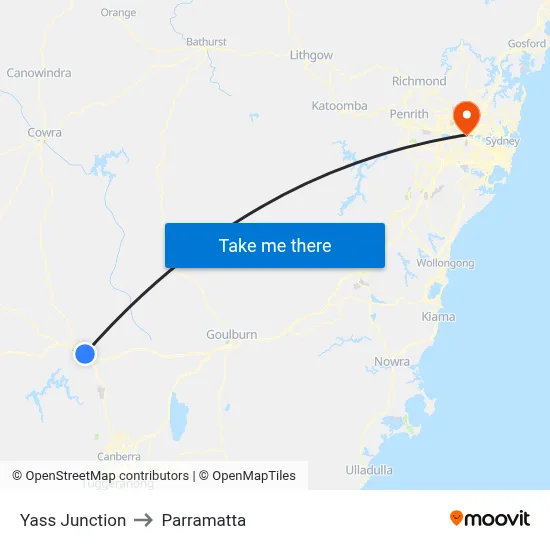 Yass Junction to Parramatta map