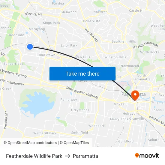 Featherdale Wildlife Park to Parramatta map