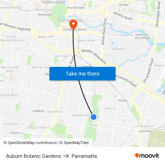 Auburn Botanic Gardens to Parramatta map