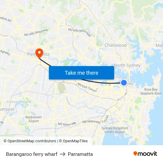 Barangaroo ferry wharf to Parramatta map