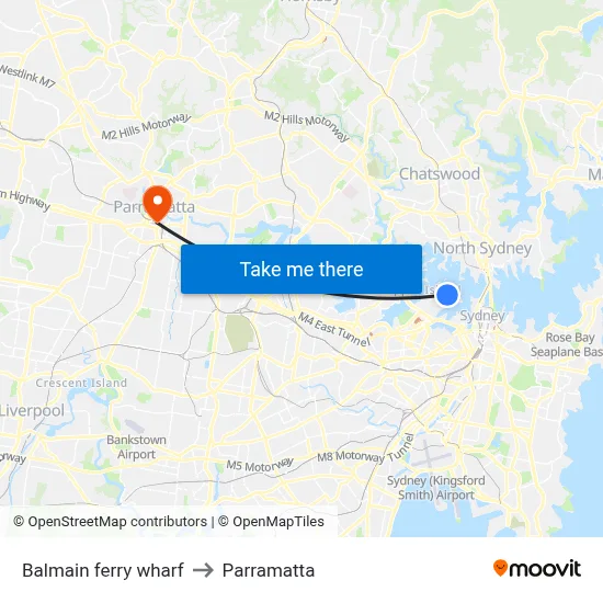 Balmain ferry wharf to Parramatta map