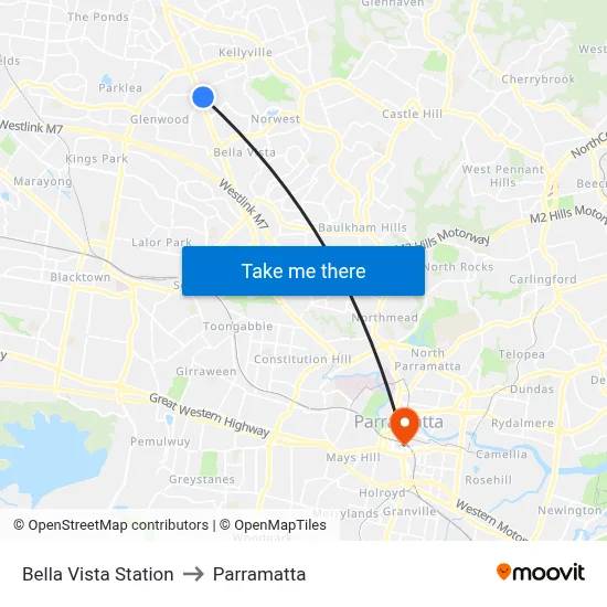 Bella Vista Station to Parramatta map