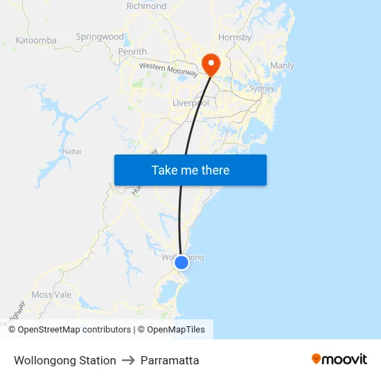 Wollongong Station to Parramatta map