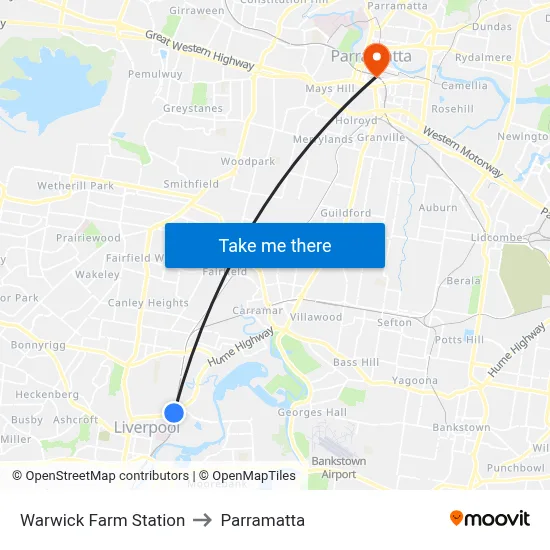 Warwick Farm Station to Parramatta map