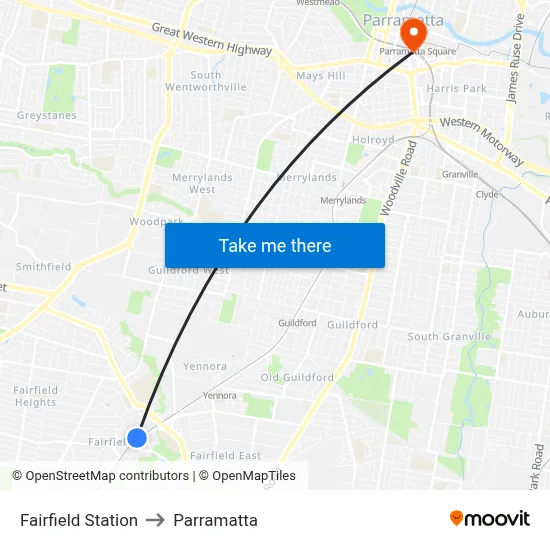 Fairfield Station to Parramatta map