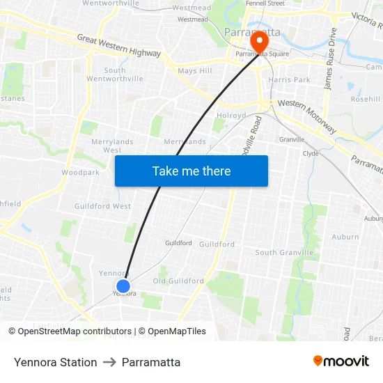 Yennora Station to Parramatta map