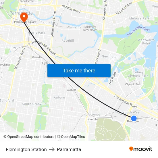 Flemington Station to Parramatta map