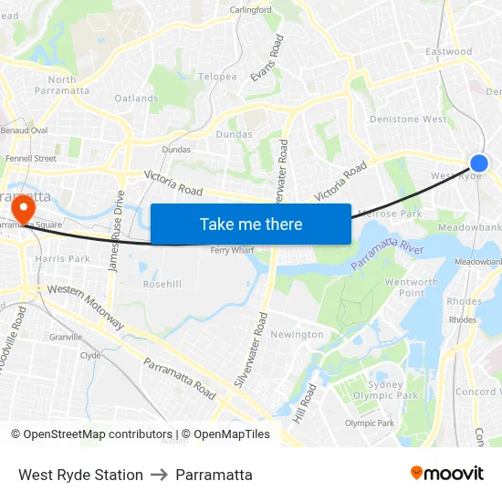 West Ryde Station to Parramatta map