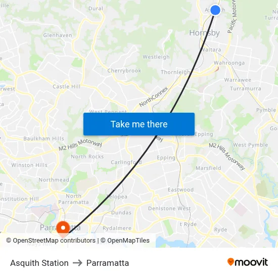 Asquith Station to Parramatta map