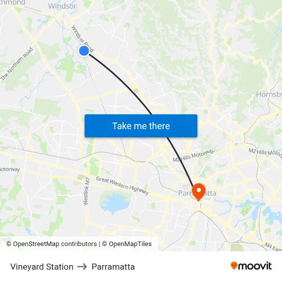 Vineyard Station to Parramatta map