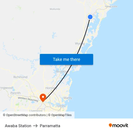 Awaba Station to Parramatta map