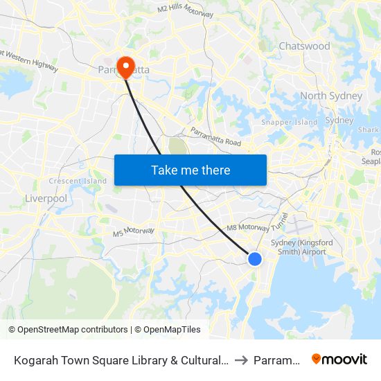 Kogarah Library to Parramatta map