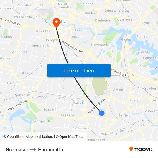 Greenacre to Parramatta map