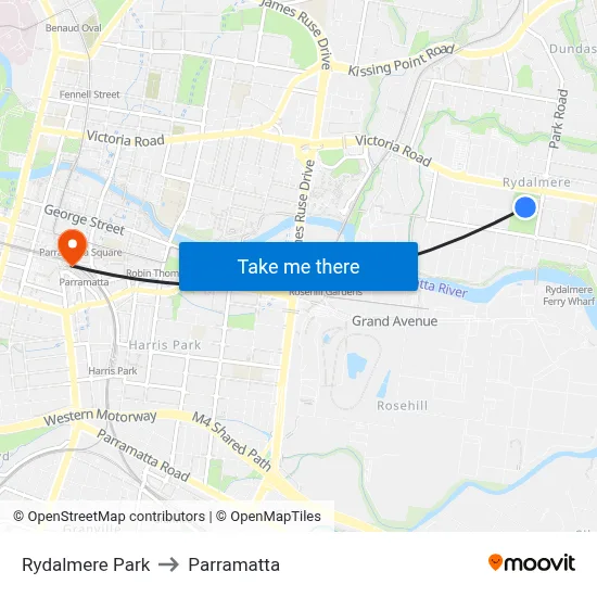 Rydalmere Park to Parramatta map