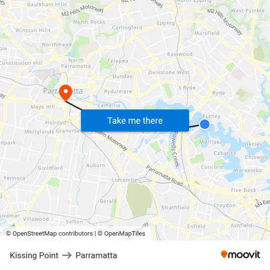 Kissing Point to Parramatta map