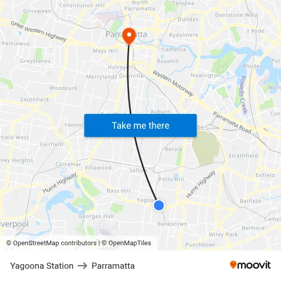 Yagoona Station to Parramatta map