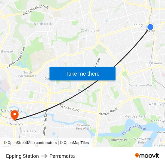 Epping Station to Parramatta map