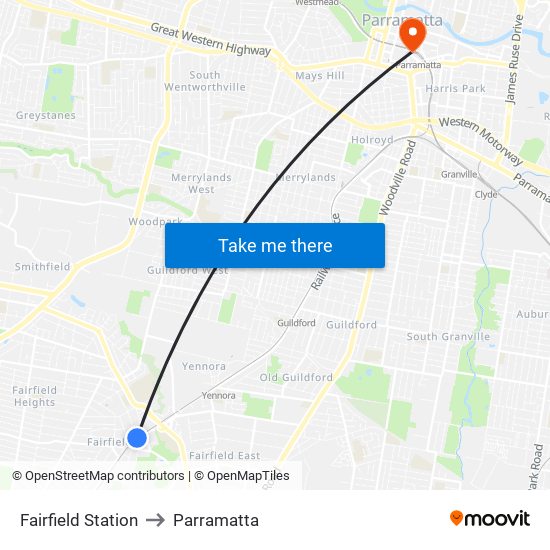 Fairfield Station to Parramatta map