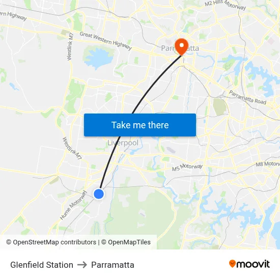 Glenfield Station to Parramatta map