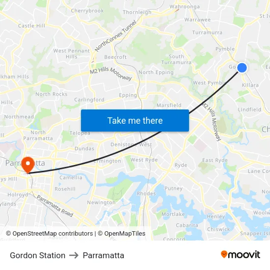 Gordon Station to Parramatta map