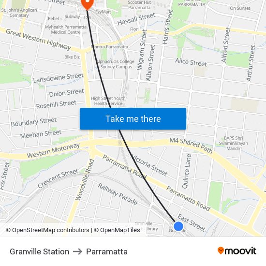 Granville Station to Parramatta map