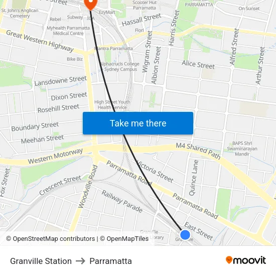 Granville Station to Parramatta map