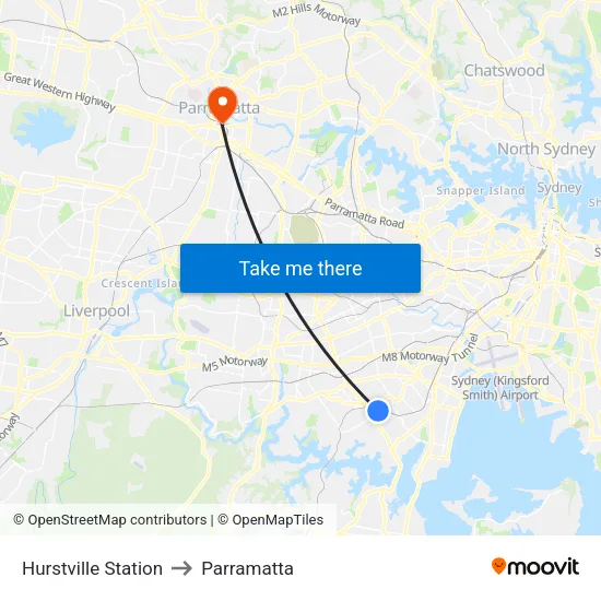 Hurstville Station to Parramatta map