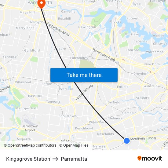 Kingsgrove Station to Parramatta map