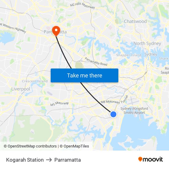 Kogarah Station to Parramatta map