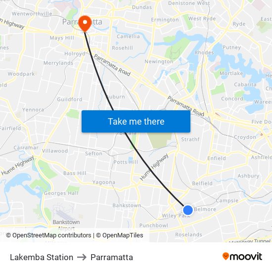 Lakemba Station to Parramatta map