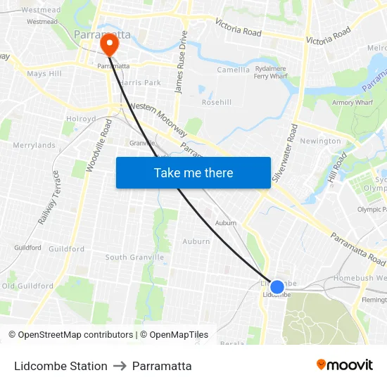Lidcombe Station to Parramatta map