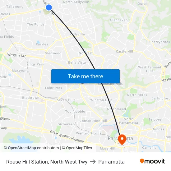 Rouse Hill Station, North West Twy to Parramatta map