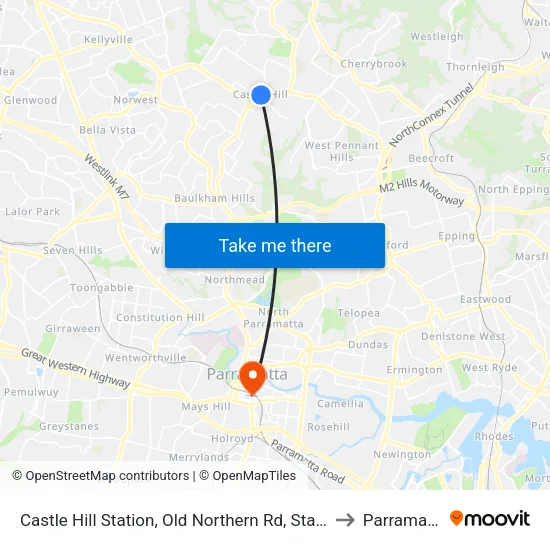 Castle Hill Station, Old Northern Rd, Stand A to Parramatta map