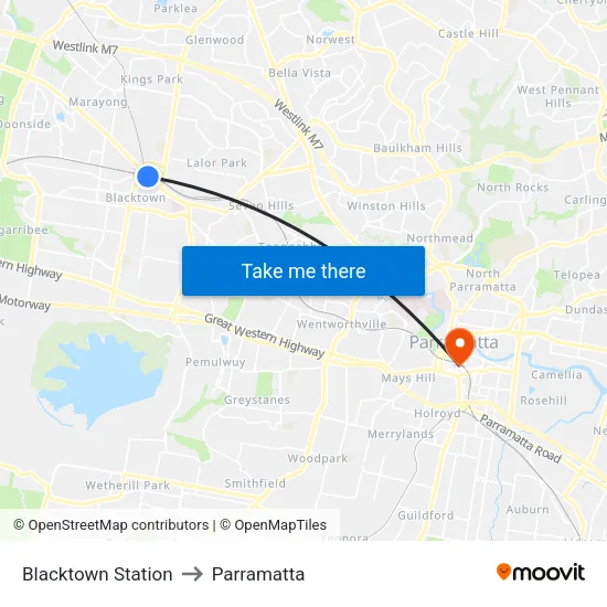 Blacktown Station to Parramatta map
