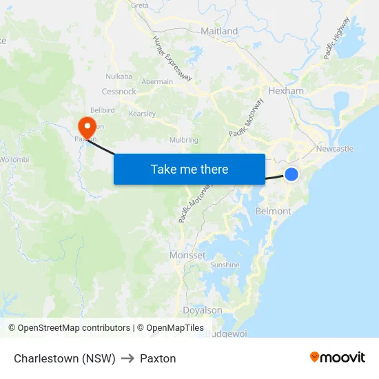 Charlestown (NSW) to Paxton map