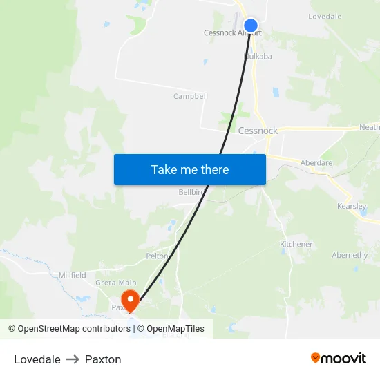 Lovedale to Paxton map