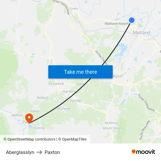 Aberglasslyn to Paxton map