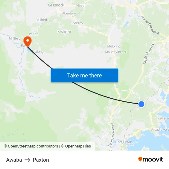 Awaba to Paxton map