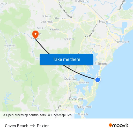 Caves Beach to Paxton map