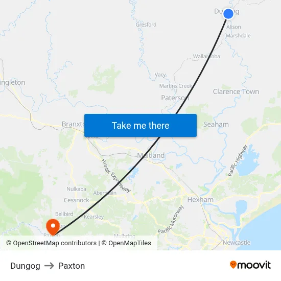 Dungog to Paxton map