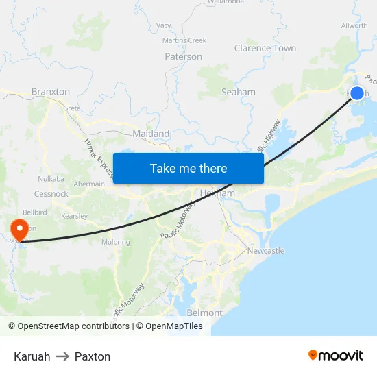 Karuah to Paxton map