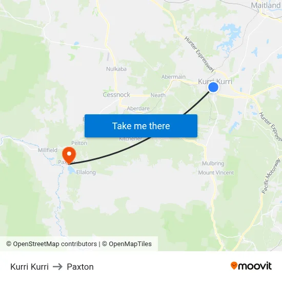 Kurri Kurri to Paxton map