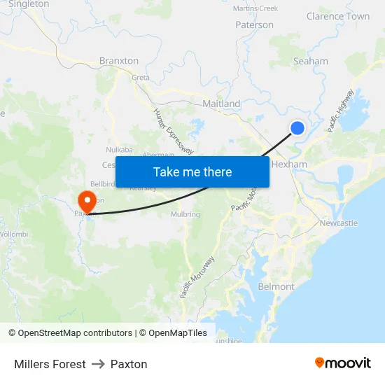 Millers Forest to Paxton map