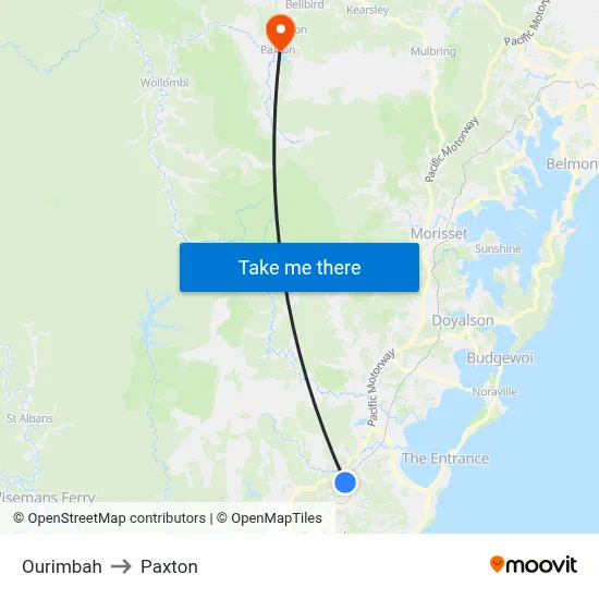 Ourimbah to Paxton map