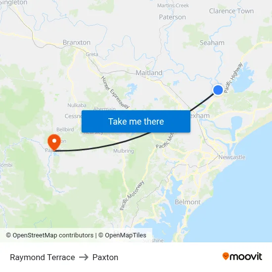 Raymond Terrace to Paxton map